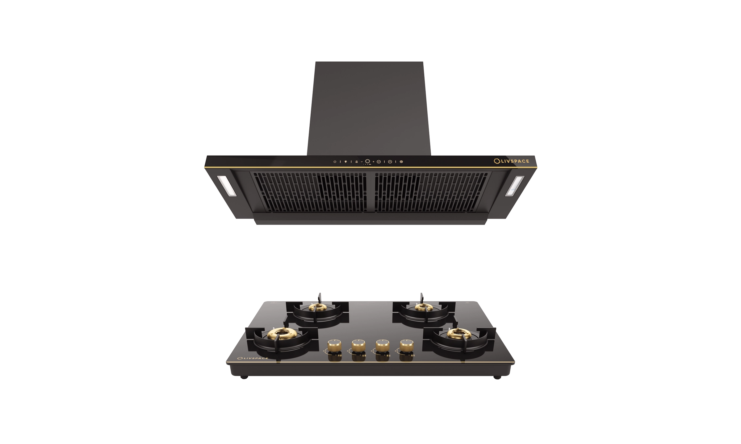 Intellia by LIVSPACE T-shape shape BLDC autoclean Filterless 900mm 1600m3/h suction Chimney & 4 Brass Burner Gloss finish 750mm with Auto Ignition Cooktop with installation (Ducted) | Intellia CH T 90 & Intellia CT 75 4B