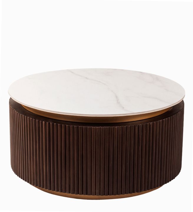 Orion Fluted Coffee Table with Dark Walnut Finish and Composite Marble Top