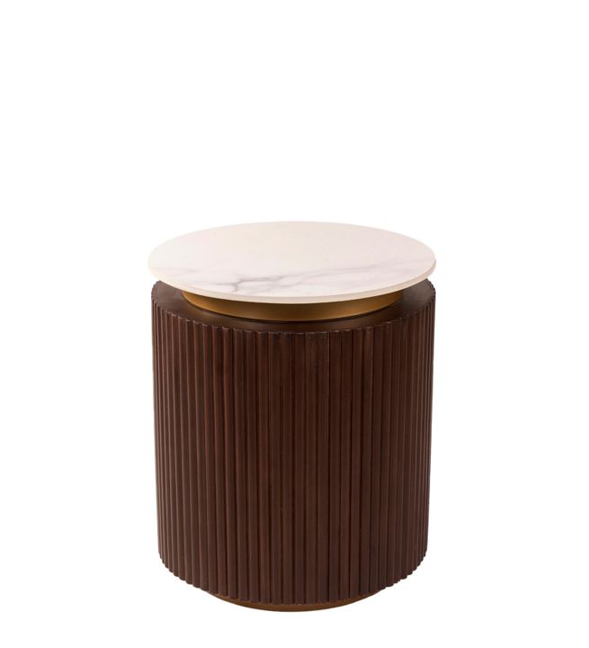 Orion Fluted Side Table with Dark Walnut Finish and Composite Marble Top