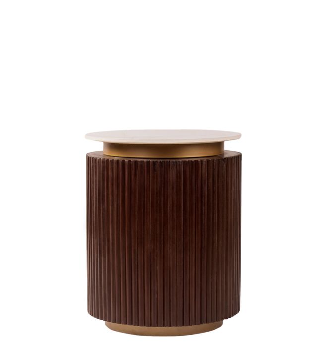 Orion Fluted Side Table with Dark Walnut Finish and Composite Marble Top