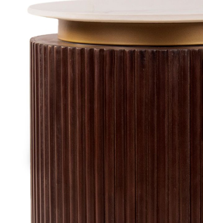 Orion Fluted Side Table with Dark Walnut Finish and Composite Marble Top