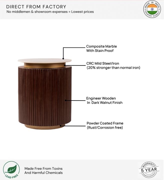 Orion Fluted Side Table with Dark Walnut Finish and Composite Marble Top