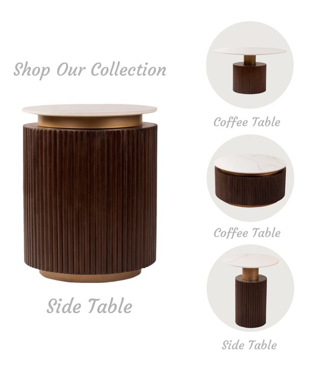Orion Fluted Side Table with Dark Walnut Finish and Composite Marble Top
