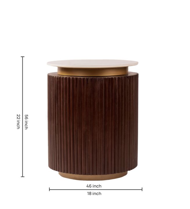 Orion Fluted Side Table with Dark Walnut Finish and Composite Marble Top