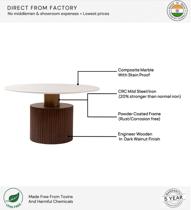 Ventura Fluted Coffee Table with Dark Walnut Finish and Composite Marble Top