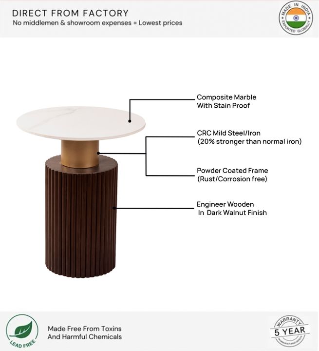 Ventura Fluted Side Table with Dark Walnut Finish and Composite Marble Top