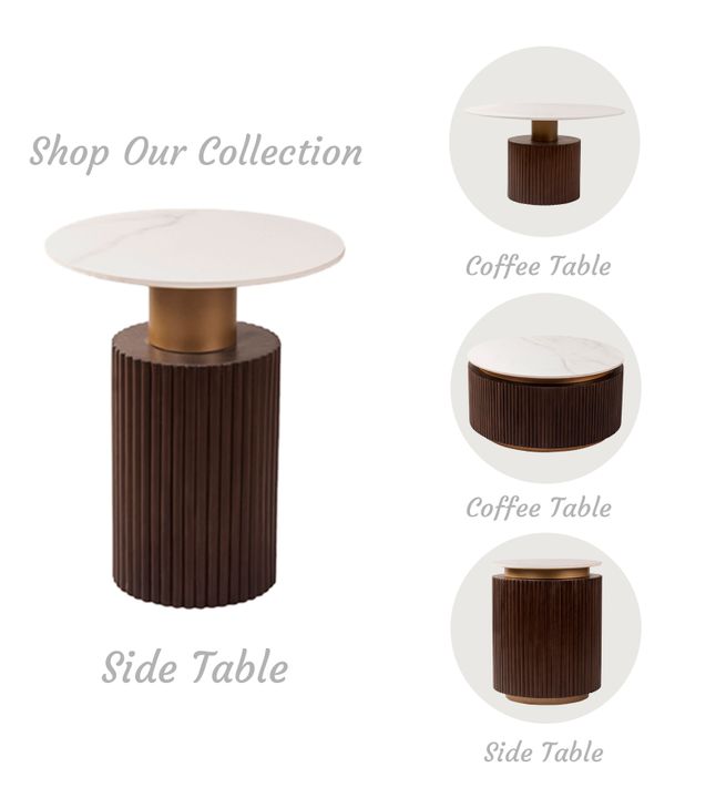Ventura Fluted Side Table with Dark Walnut Finish and Composite Marble Top